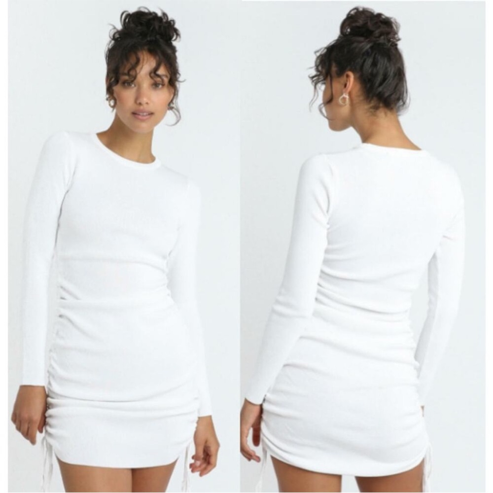 Lioness Military Minds Long Sleeve Ruched Bodycon Mini Dresss White Women
